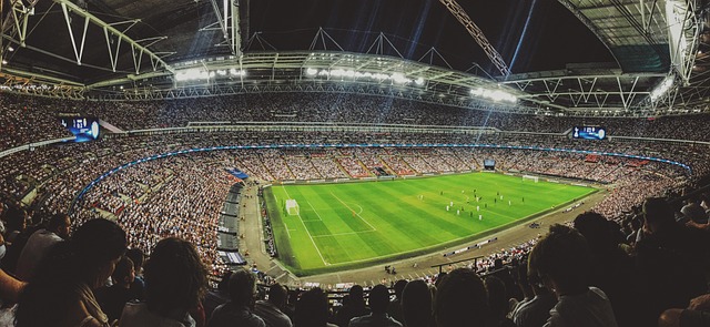Crowded 
        Stadium with a Soccer Field and Players on the Field