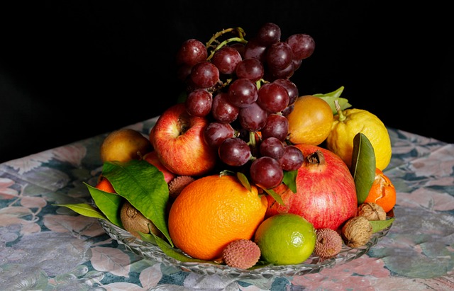 Arrangement of colorful fruit on a floral table